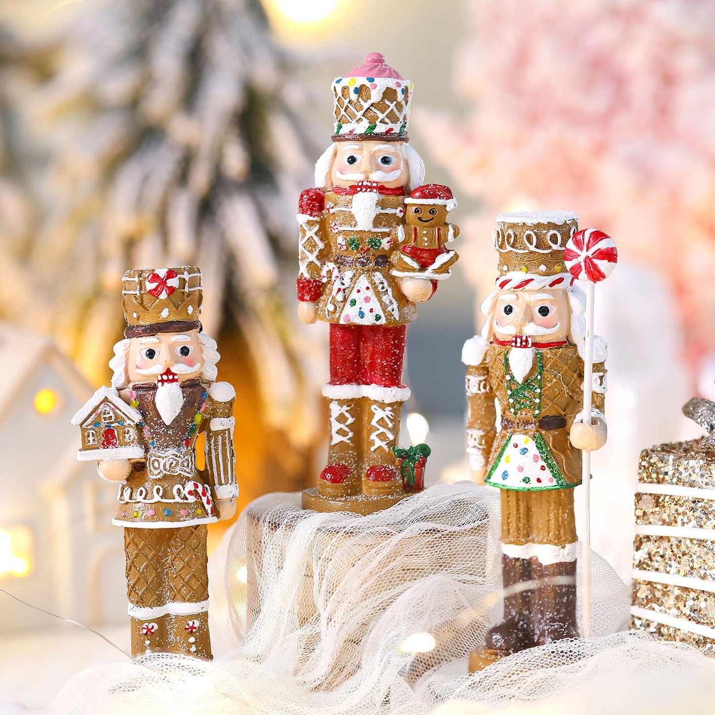 Simgoing 3 Pcs Gingerbread Nutcracker Figures Christmas Resin Nutcracker Figurines Holding Christmas Cookies, Gingerbread Men and Candy, Soldier Xmas Centerpieces Decor for Winter Table Party Favors
