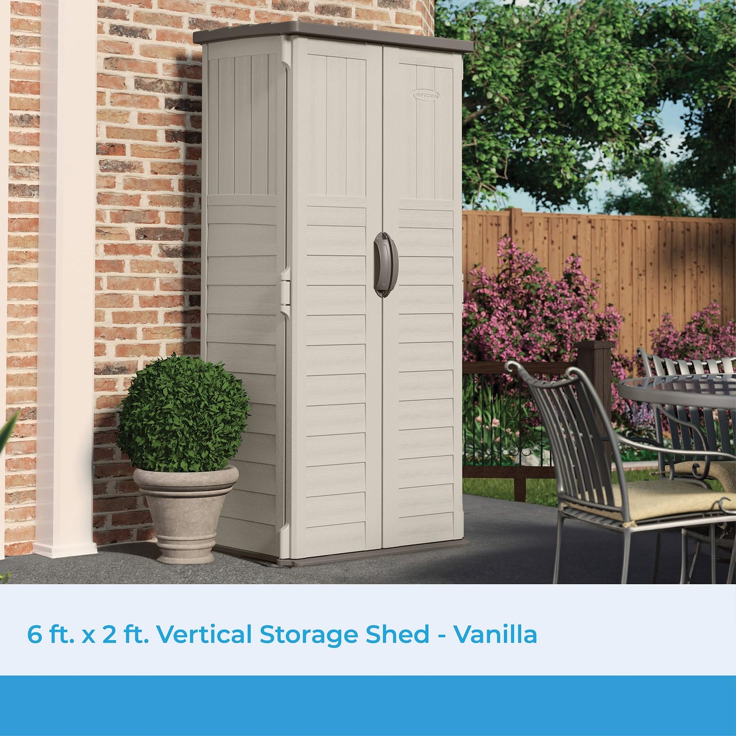 Suncast Vertical Outdoor Storage Shed with Reinforced Floor, Lockable Double Doors, All-Weather Construction, and Multi-Wall Panels, Vanilla, Made in the USA