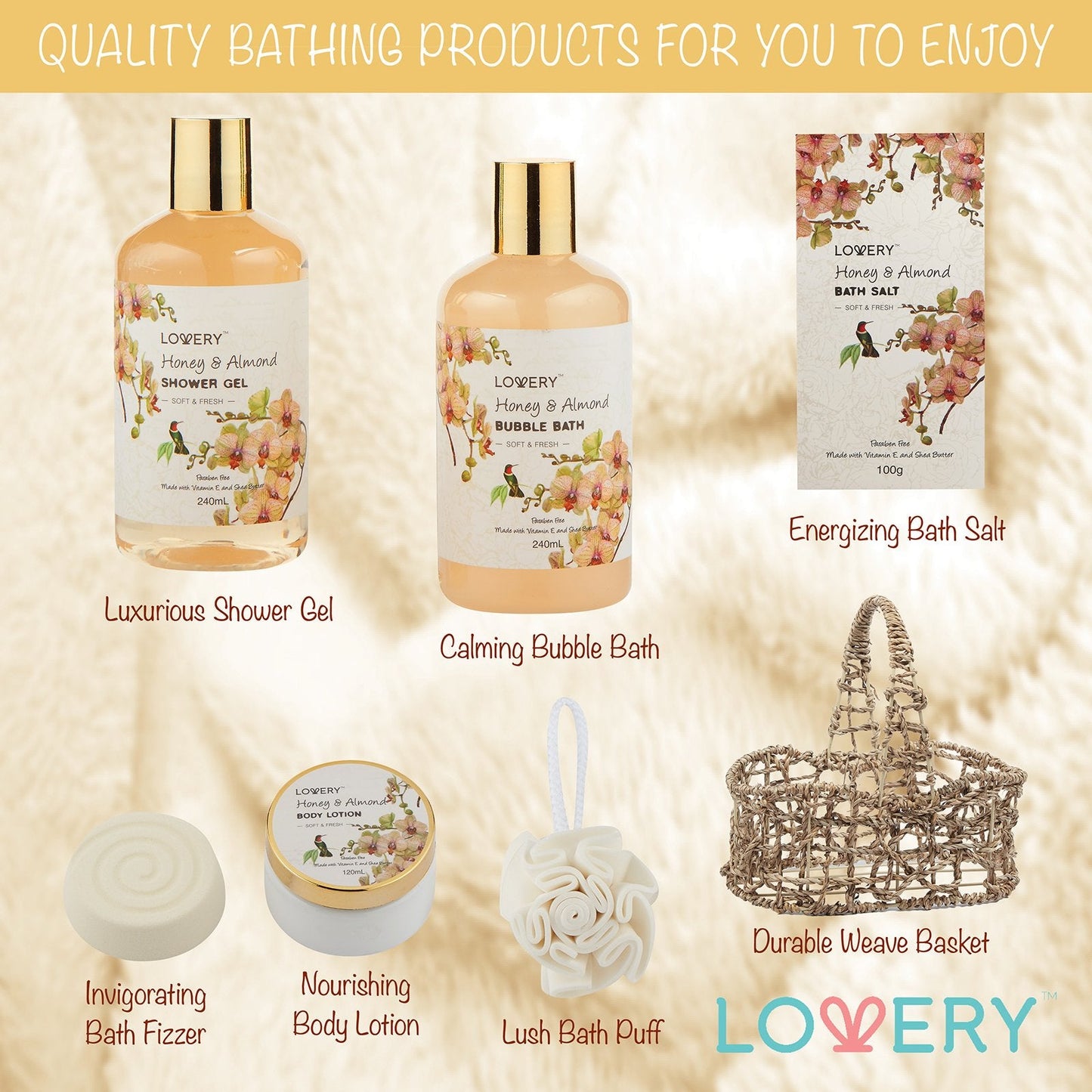 Christmas Gift Baskets for Women Gifts for Women Who Have Everything, Home Spa Honey & Almond Scent, Luxury Bath & Body Set - Shower Gel, Bubble Bath, Body Lotion, Salts, Bath Bomb, Bath Puff.