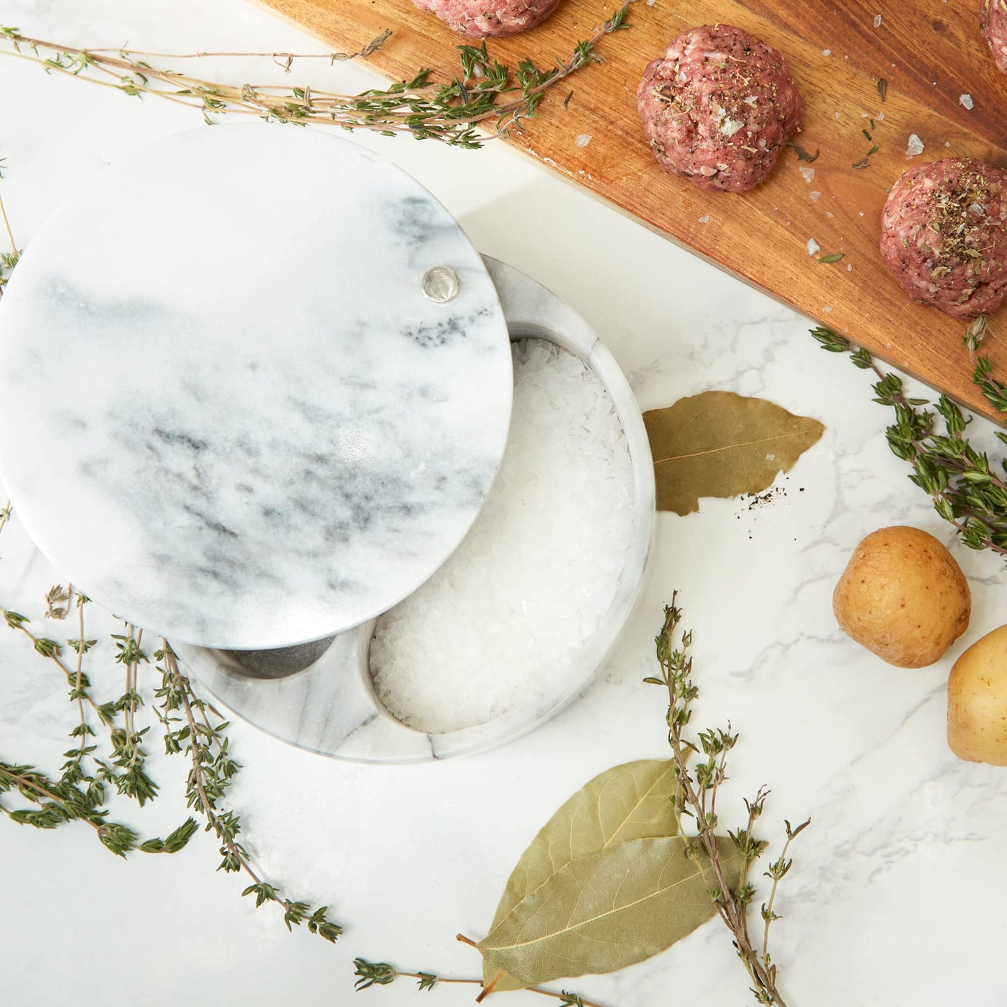 RSVP International Dual Compartment Box | Chic & Modern Herb Container | 10 Ounces Total | Swivel Top Protects Salts | Beautiful, Solid Marble, 5", White