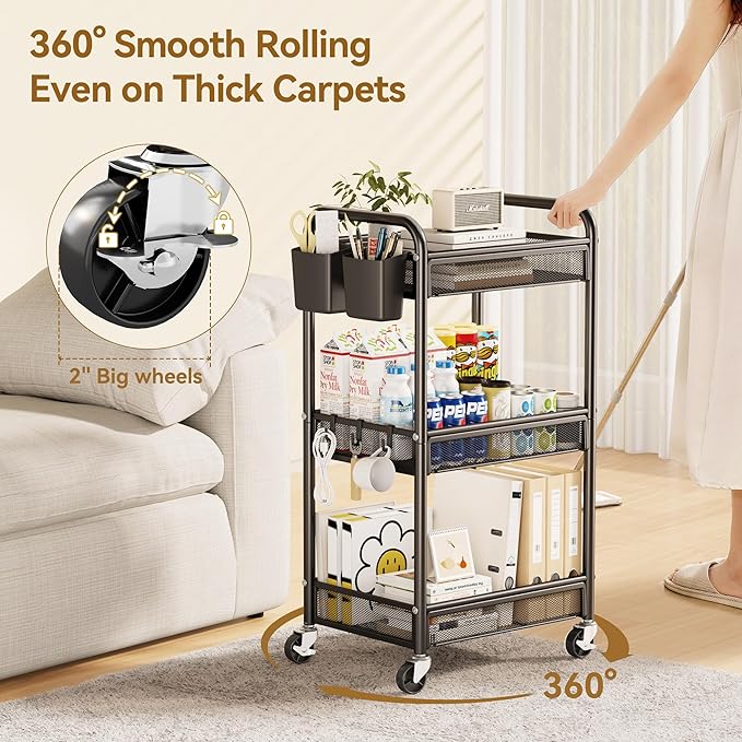 YASONIC 3 Tier Rolling Cart – Metal Utility Storage Carts