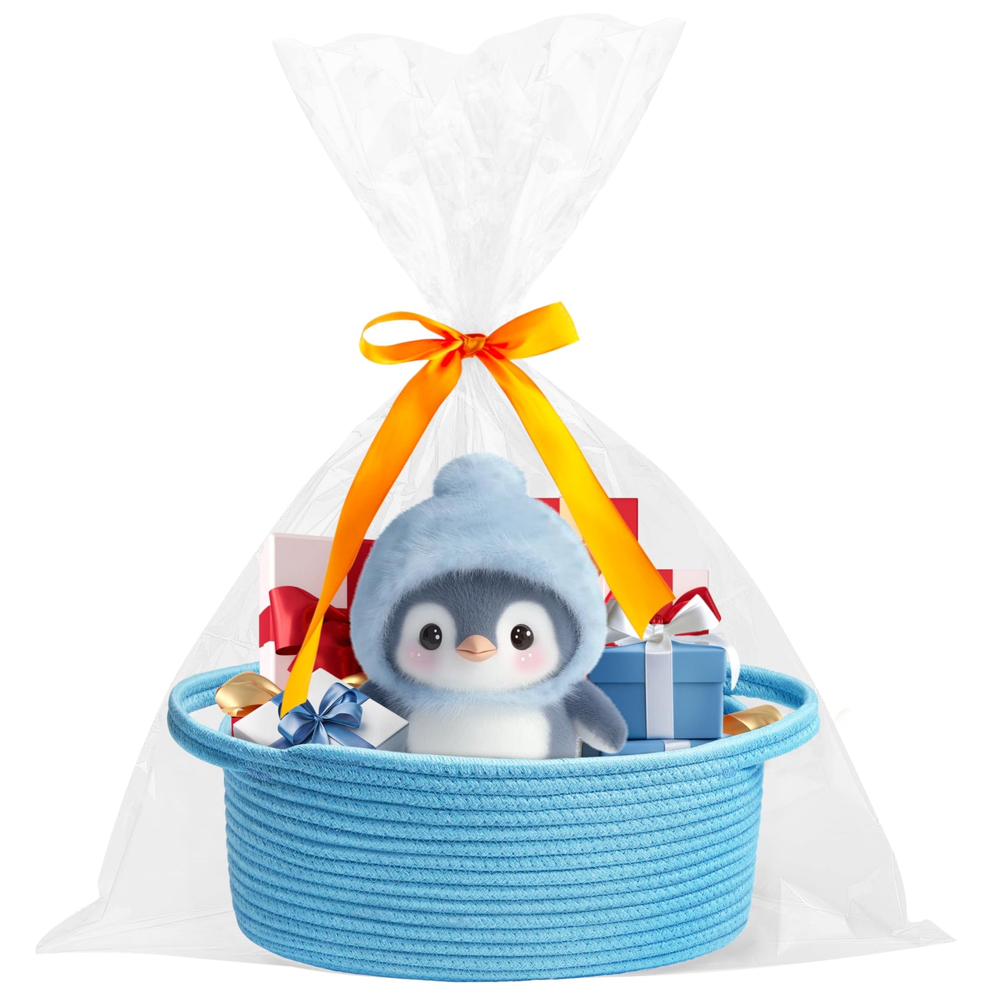 Pro Goleem Small Woven Basket with Gift Bags and Ribbons Durable Baskets for Gifts Empty Small Rope Basket for Storage 12"X 8" X 5" Baby Toy Basket with Handles, Blue