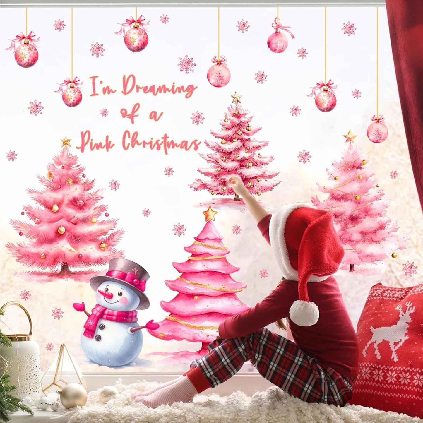 Pink Christmas Window Clings Double-Sided Christmas Tree Windows Decoration Stickers Indoor Xmas Pine Tree Window Decals for Glass Snowman Snowflakes Decals for Winter Holiday Party Supply