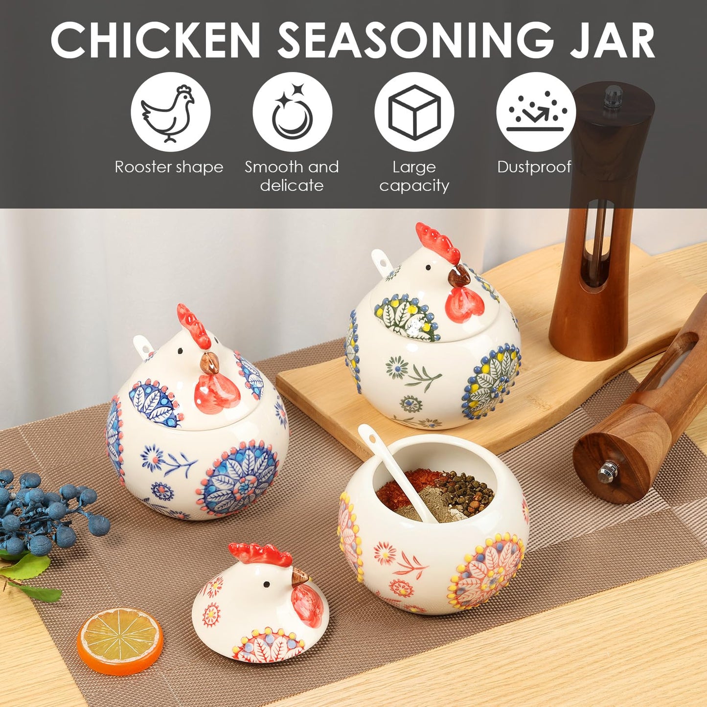 TMWEFUSC 3 Pack Ceramic Salt Cellar with Lid and Spoon, 13.5oz Salt Containers For Countertop Decor Chicken Salt Jar For Sugar, Pepper, Spice,Seasonings