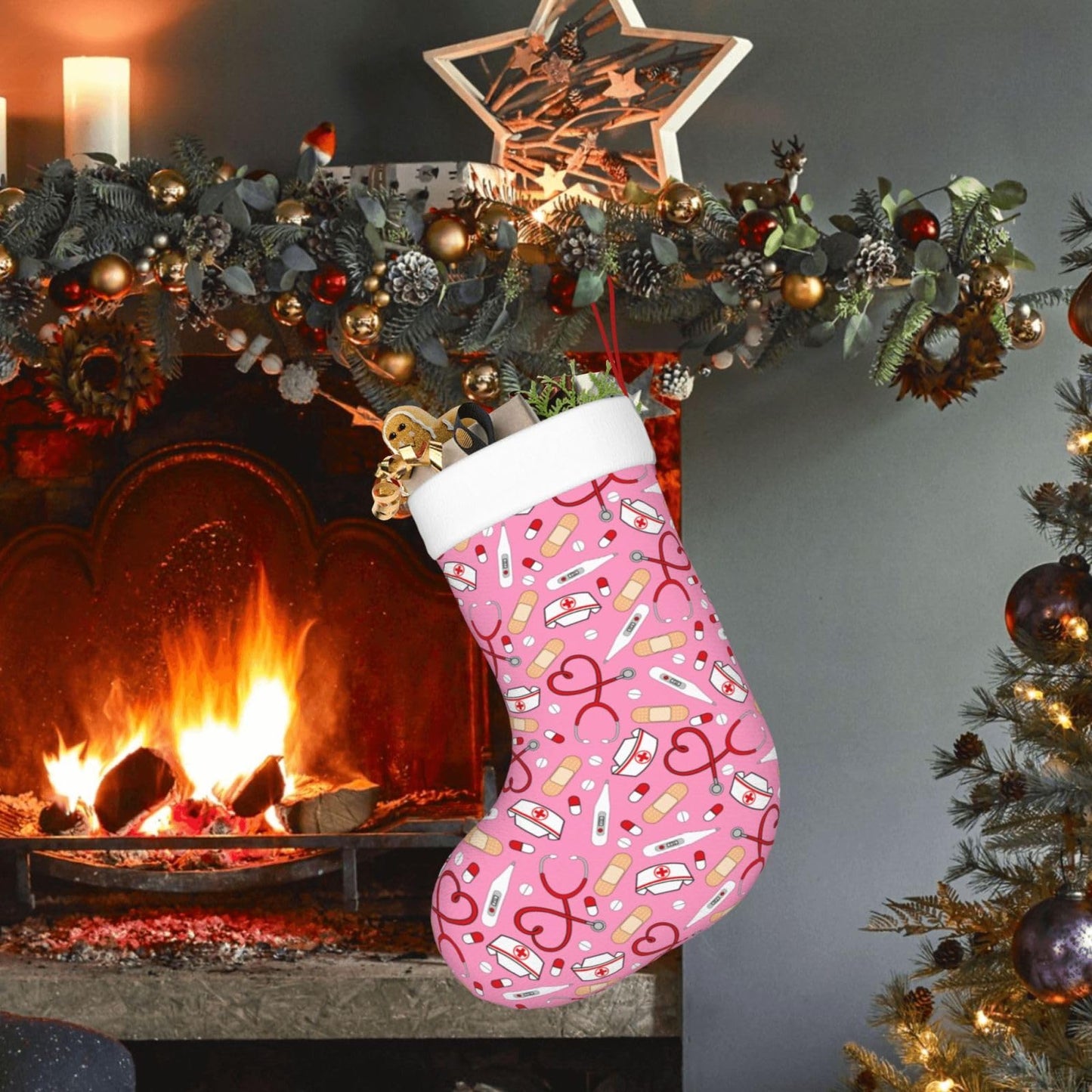 Wizfuyq Medical Thermometer Nurse Hat Christmas Stockings Doctor Stethoscope Xmas Stockings with Plush Faux Fur Cuff Decoration for Party Holiday Decorations