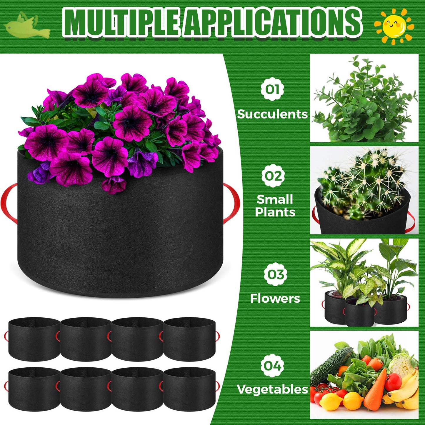 Nuenen 8 Pack 100 Gallon Plant Grow Bags Bulk Breathable Nonwoven Fabric Pot with Handles Heavy Duty Nursery Vegetable Pots with Gloves for Garden Vegetables Potato Plants Flower Growing Planting