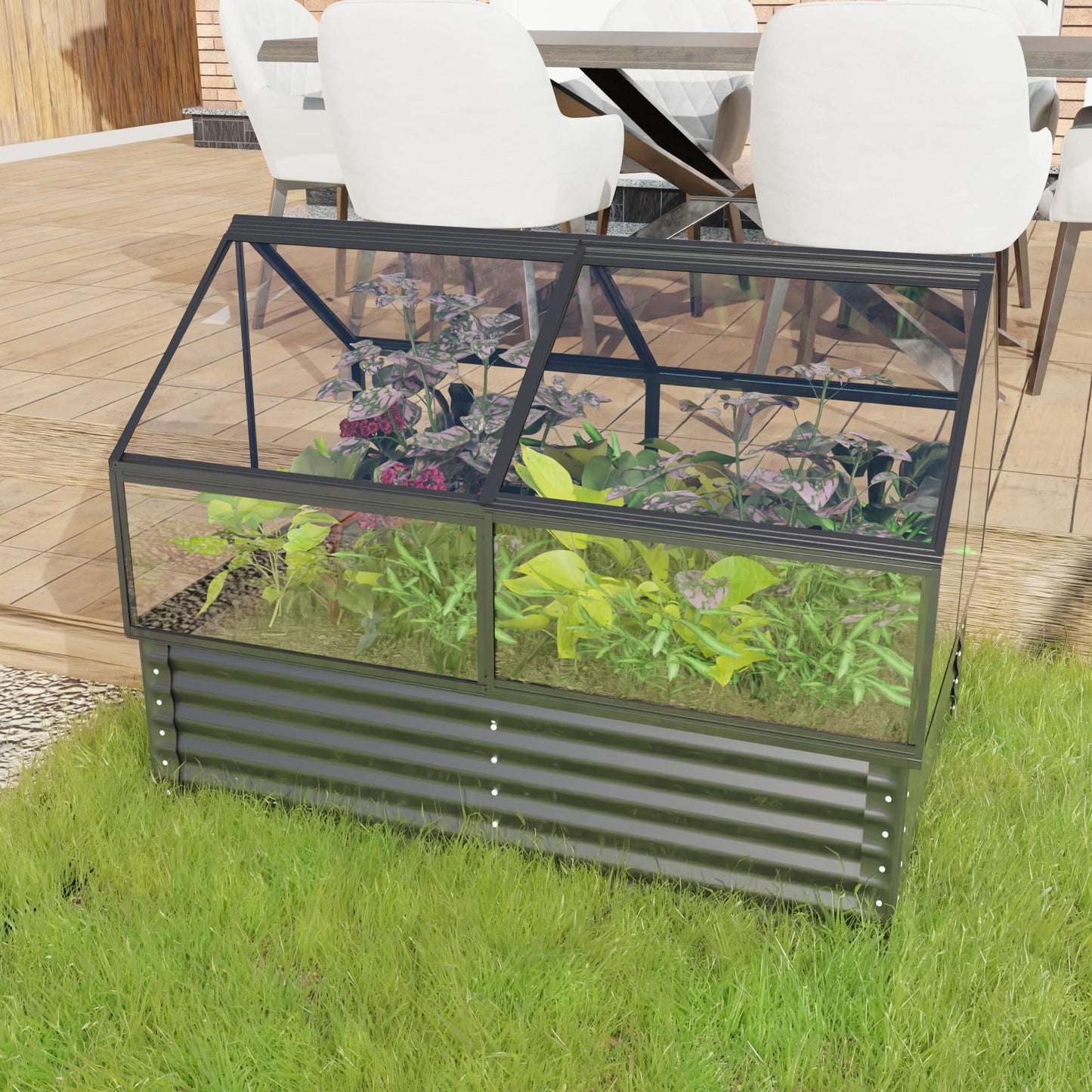 Dithoko 68.7" Raised Garden Bed with Greenhouse Cover, Galvanized Steel Planter Box with Open Bottom Drainage, Dual Use Outdoor Metal Planter for Vegetables Flowers and Herbs