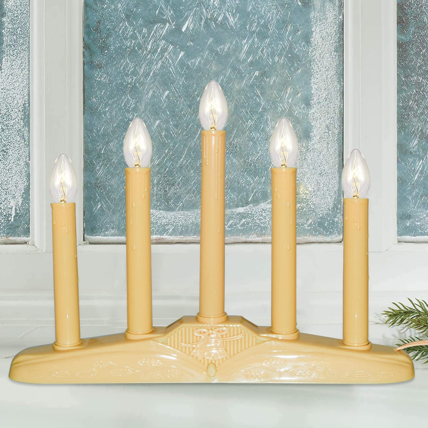 Oviejo 5 Light Window Candle Electric, Christmas Electric Candoliers with Ivory Plastic, Plug in Electric Window Candle Lamp with 6 Clear C7 Bulb (1 Spare Bulb), 5 Watt, Flameless Window Candles
