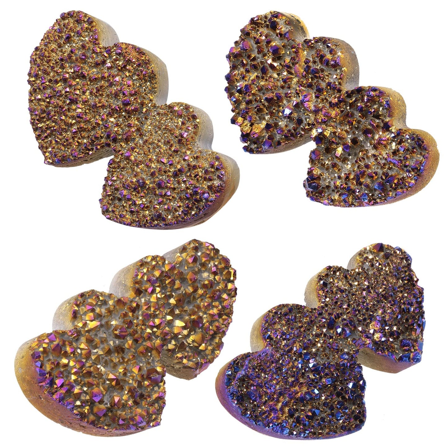SUNYIK Double Heart Shaped Titanium Coated Cluster Specimen Natural Rock Crystal Stone Decoration Reiki Healing, Meditation for Valentine's Day, Purple/Gold