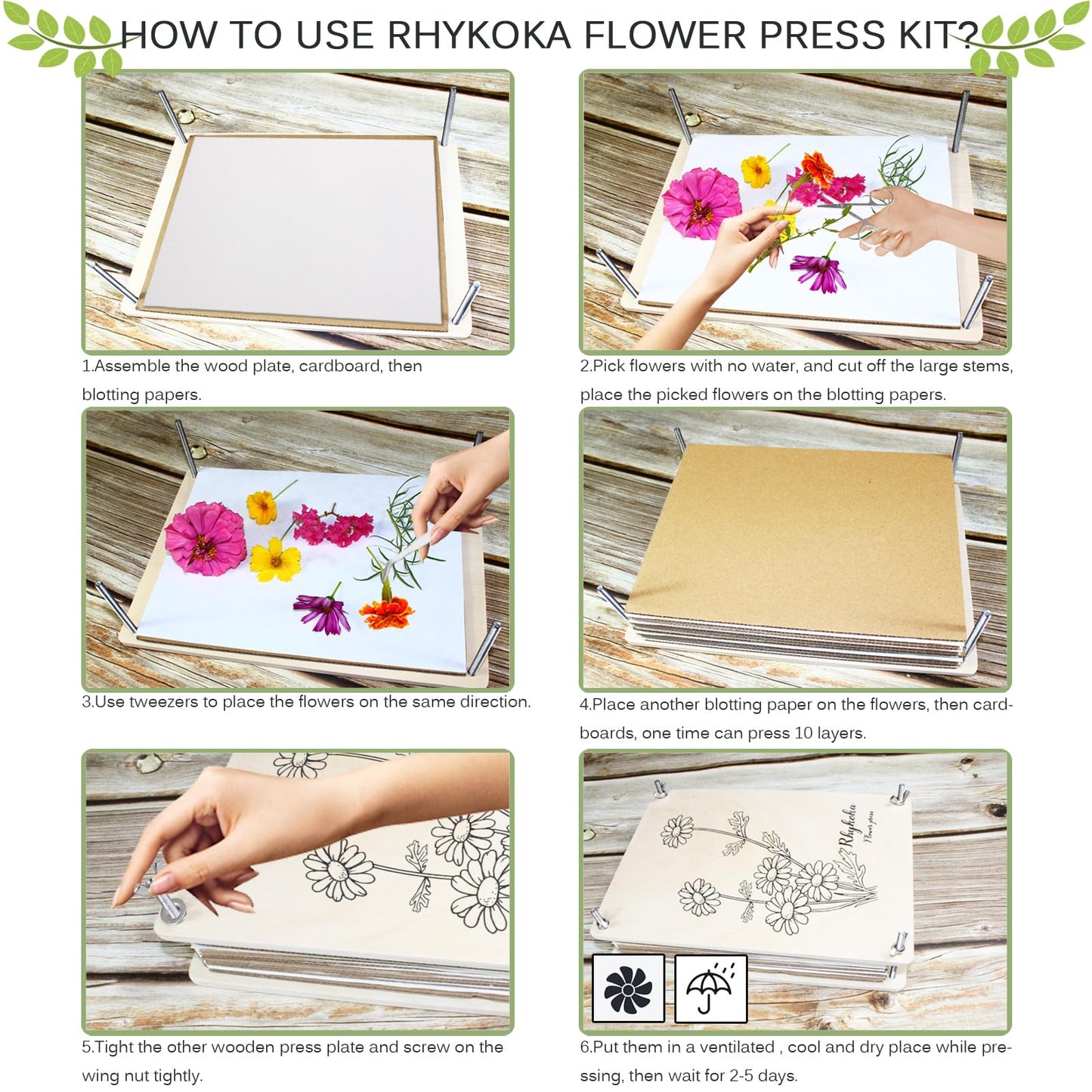 Rhykoka Large Flower Press Kit for Adults, 10 Layers 11.8 x 8.3 Inches DIY Wood Flowers Leaf Plant Press Kit Flower Pressing Kit, DIY Arts and Crafts Lovers (Wooden)