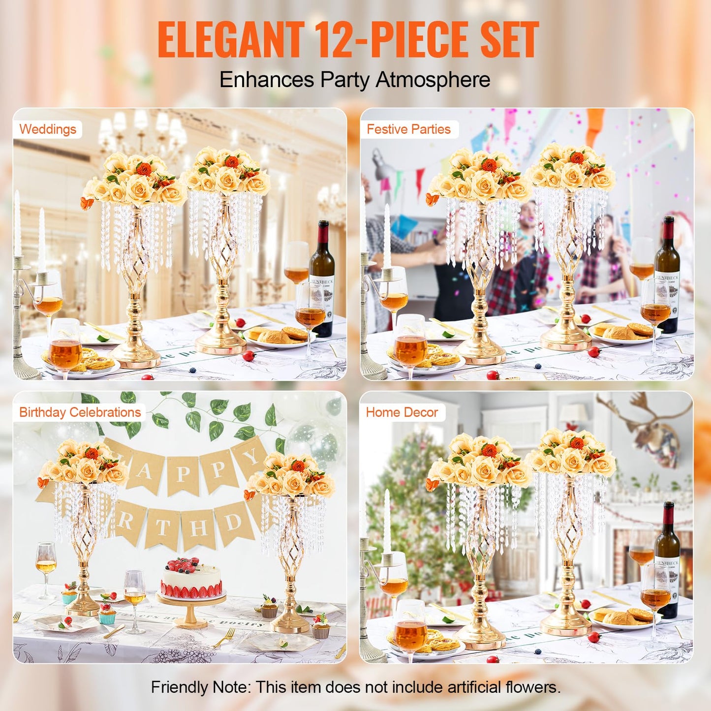 VEVOR Metal Wedding Centerpiece Gold,Crystal,12PCS 49cm/19.3”
