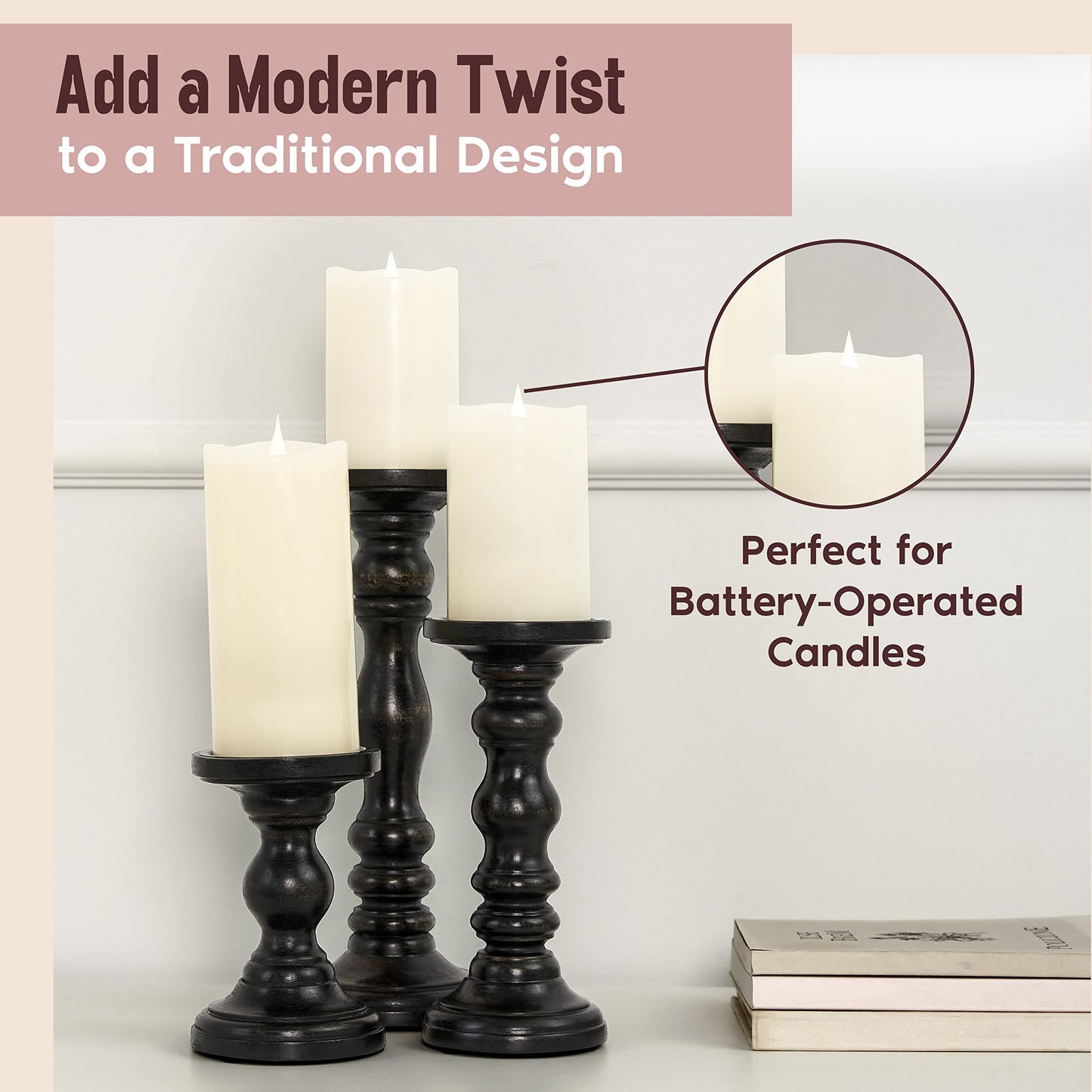 Large Candle Holders for Pillar Candles - Rustic Farmhouse Style Home Decor - Perfect for Table Centerpieces, Coffee Table or Fireplace Mantel - 3 Piece Set - Natural