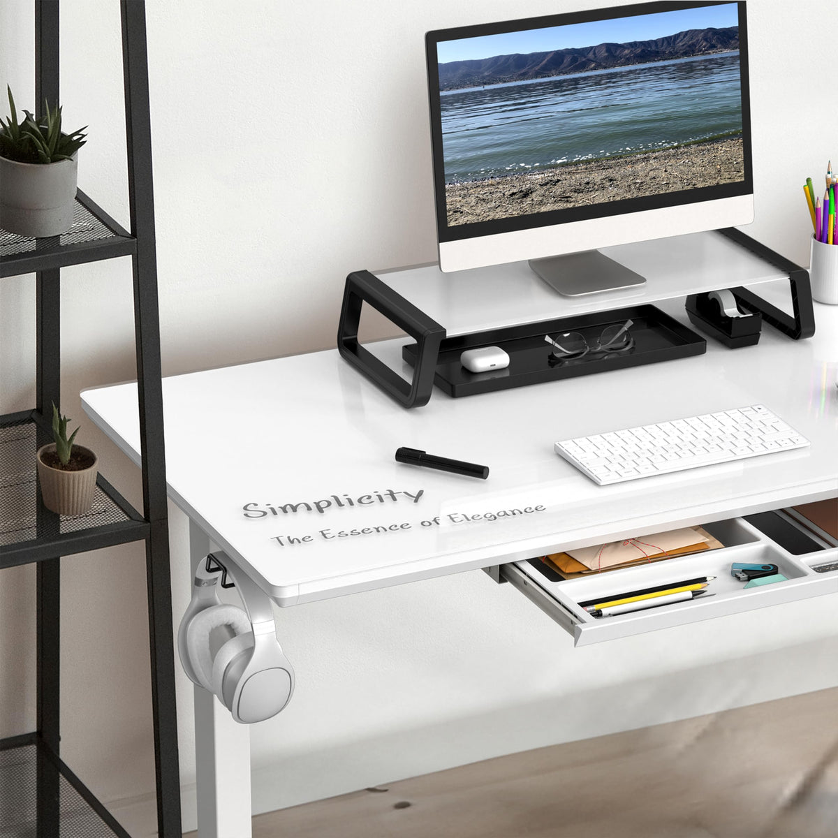 SHW 48x24 Glass Electric Height Adjustable Standing Desk – Motorized Sit Stand Desk with Monitor Riser, Pull-Out Drawer, Memory Presets, White