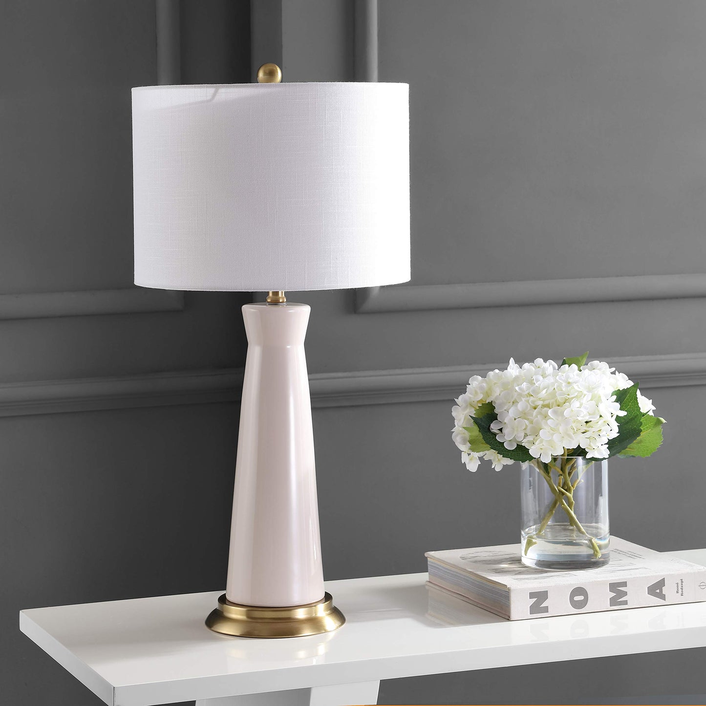 JONATHAN Y 29" Cream Modern Ceramic Column Table Lamp with Brass Gold Base, Elegant Bedside Lamp for Living Room Bedroom Nightstand, White Linen Shade, LED Bulb Included JYL3046A