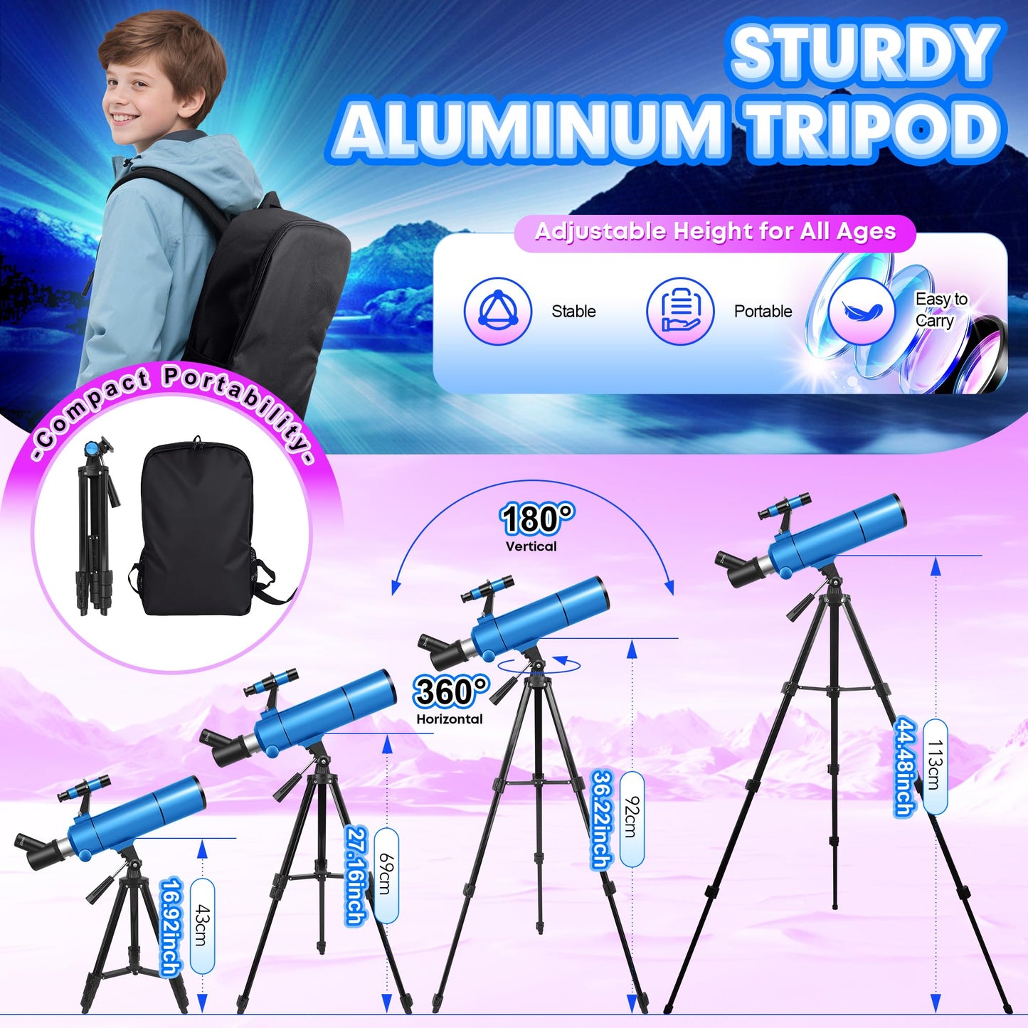 HUGERSTAR Telescope for Adults & Kids, 80mm Aperture 500mm (20X-150X) Professional Refractor Telescope for Astronomy Beginners, Portable Travel Telescopes with Tripod Phone Adapter, Stickers, Backpack
