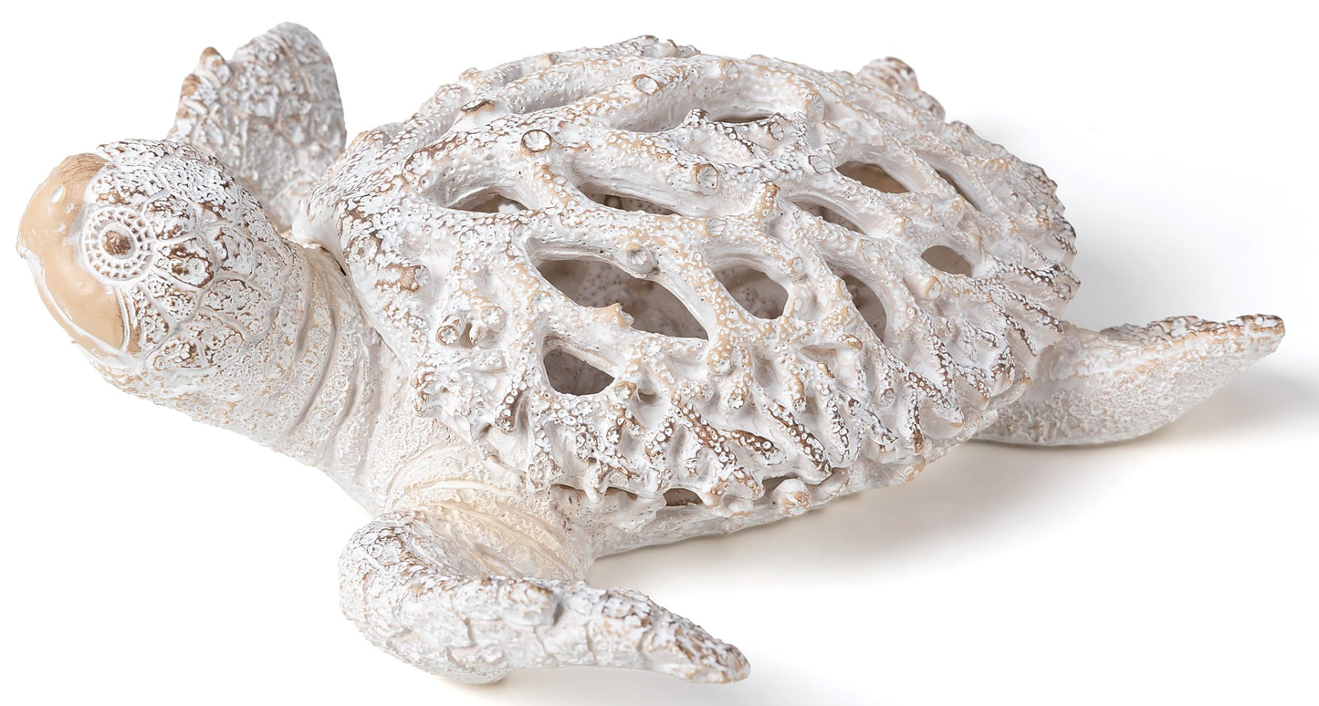 VVGIFTS Ocean Decor White Sea Turtle Coral Reef Home Office Decor Sculpture Beach Coastal Tabletop Shelf Collection (White)