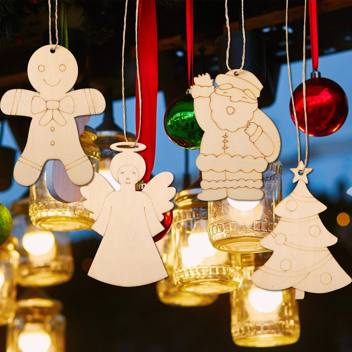 WILLBOND 60 Pieces DIY Unfinished Wooden Christmas Ornaments Wood Paintable Christmas Ornaments to Paint Holiday Hanging Ceramic Decorations with Rope for Embellishments Crafts Centerpieces