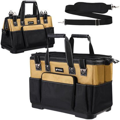 VSHXENG 17 IN Large Tool Bag For Men Heavy Duty, Drill Bag Tool Bag Organizer, Wide Mouth Waterproof Hard Bottom Multiple Pockets Tool Tote, Tool Caddy, Maintenance