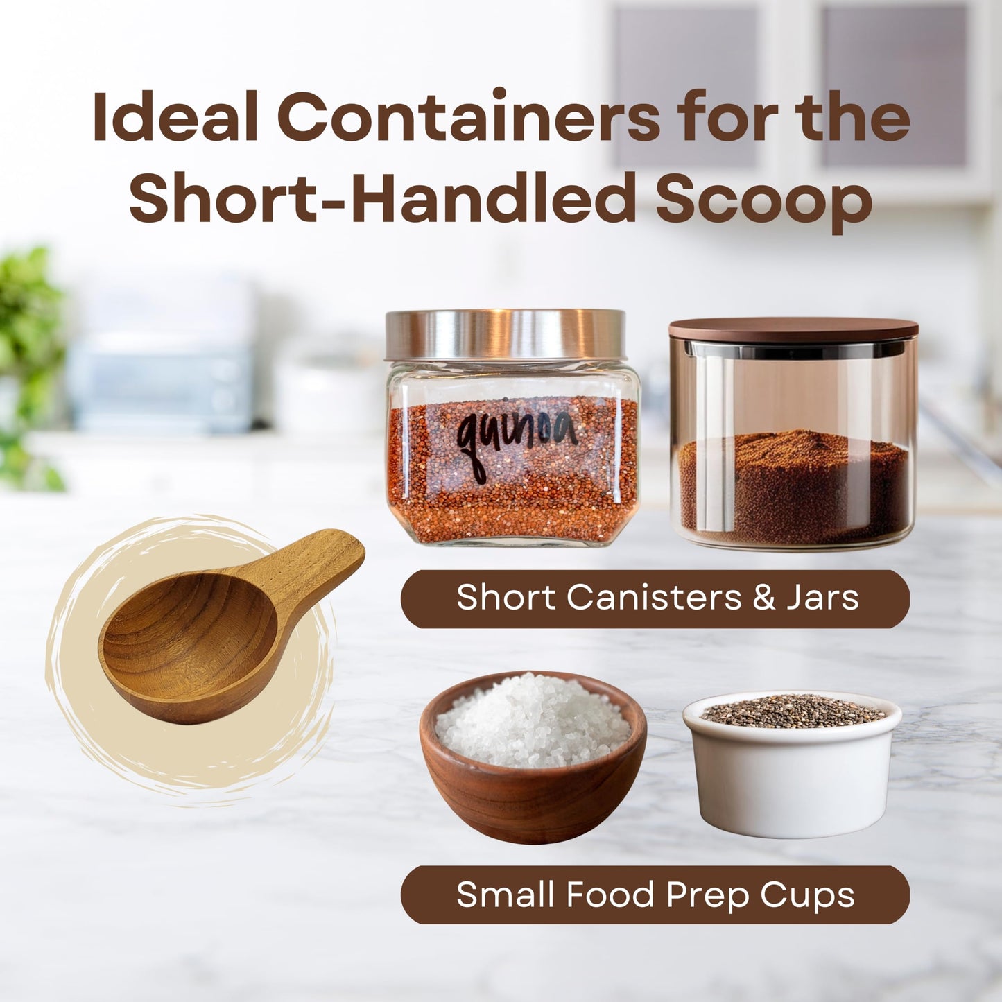 GWYNTH 2 Pieces Small Wooden Spoon, Short Handle Teak Wood Scoops for Coffee Beans Tea Salt Sugar for Spice Jars and Short Containers