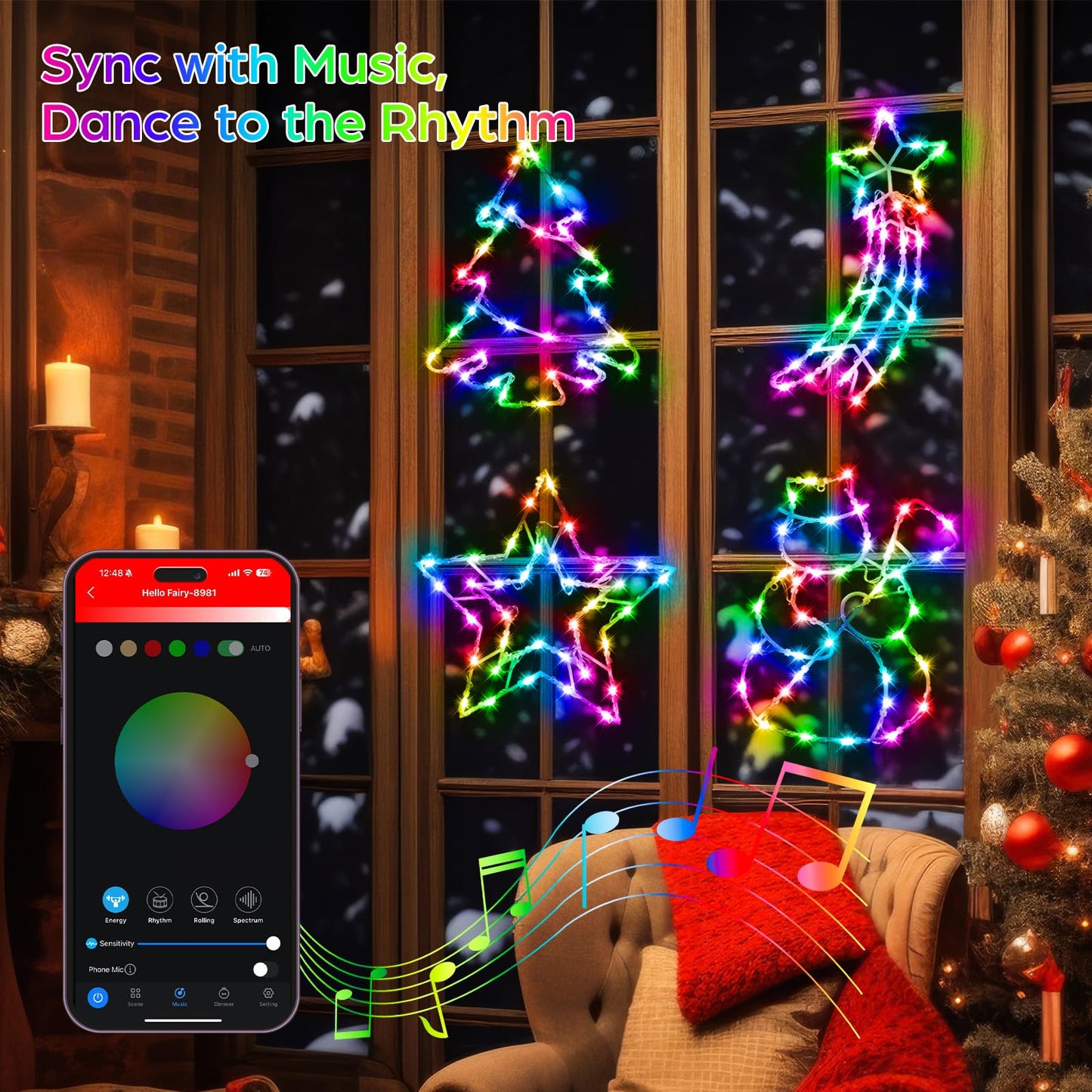 FANCILLUMA 4 Pack Smart Christmas Window Lights, Window Silhouette Lights, Christmas Decorations Indoor,Custom & Preset Modes,APP Control Snowman, Meteor, Christmas Tree, Star for Door Glass