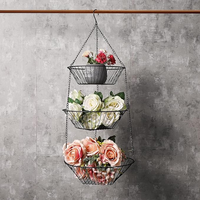 3-Tier Wire Fruit Hanging Basket 2 Packs, non-Punching Wall Hanging Storage