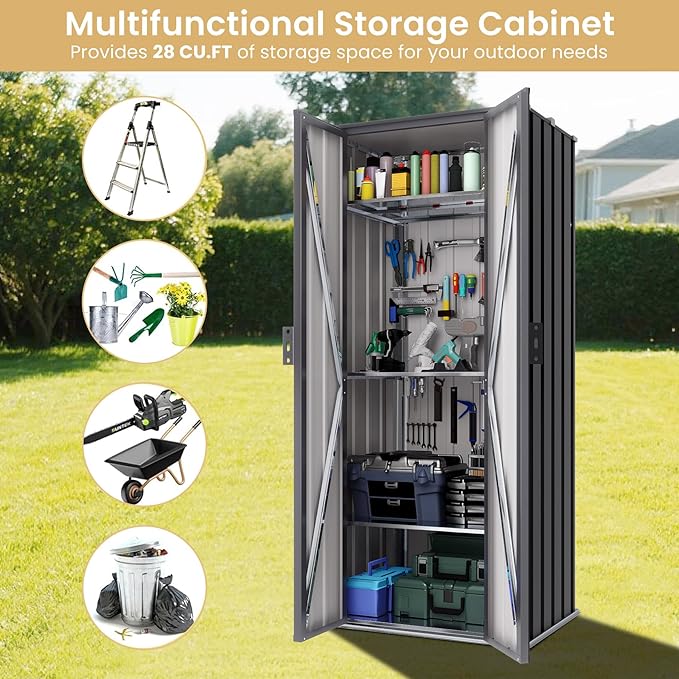 Greesum Outdoor Metal Storage Cabinet, 69'' Lockable Tall Shed, Vertical Tool Organizer with 2 Adjustable Shelves, for Garage, Patio, Backyard, Home & Lawn, Black