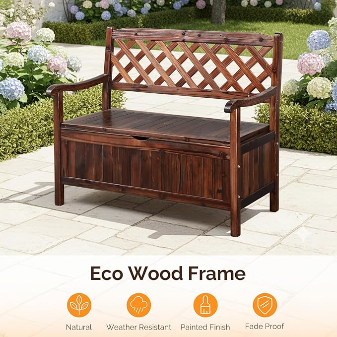 VINGLI Outdoor Storage Bench, Large Wood Deck Box with Seating, Weatherproof Outdoor Bench with Storage Loveseat, 2-Person Wooden Patio Bench for Entryway, Backyard, Garden