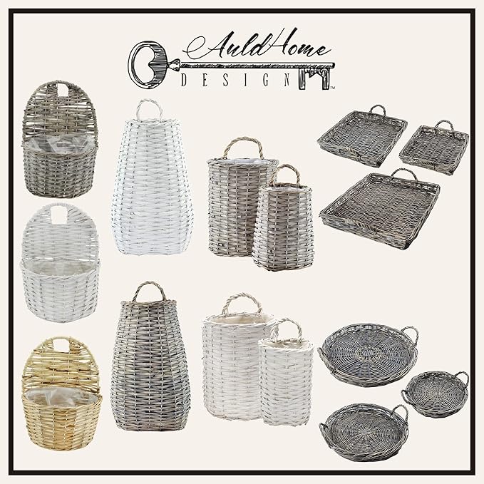 AuldHome Design Wall Hanging Baskets; Woven WIcker Rustic Farmhouse White
