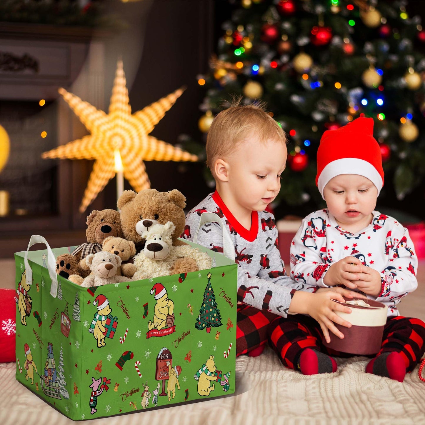 ZsaTuiy Winnie Theme Christmas Baskets Decor,the Pooh Baby Stuff, Large Square Canvas Baby Laundry Hamper with A Waterproof PE Coating,Foldable Storage Bin for Toys and Clothes