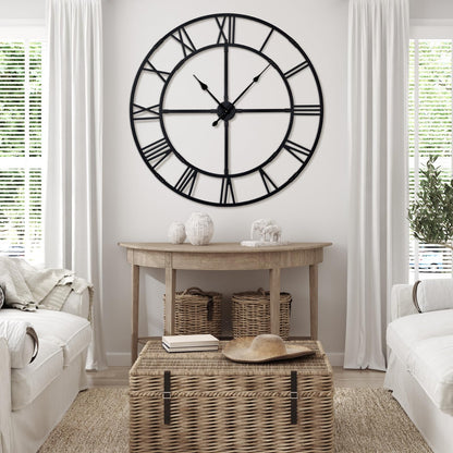 Ohweog 48 inch Oversized Easy-Assembly (KD) Wall Clock for Living Room Decor – Extra Large Silent Non-Ticking Modern Farmhouse Wall Clock, Decorative Metal Roman Numeral Clock, Black