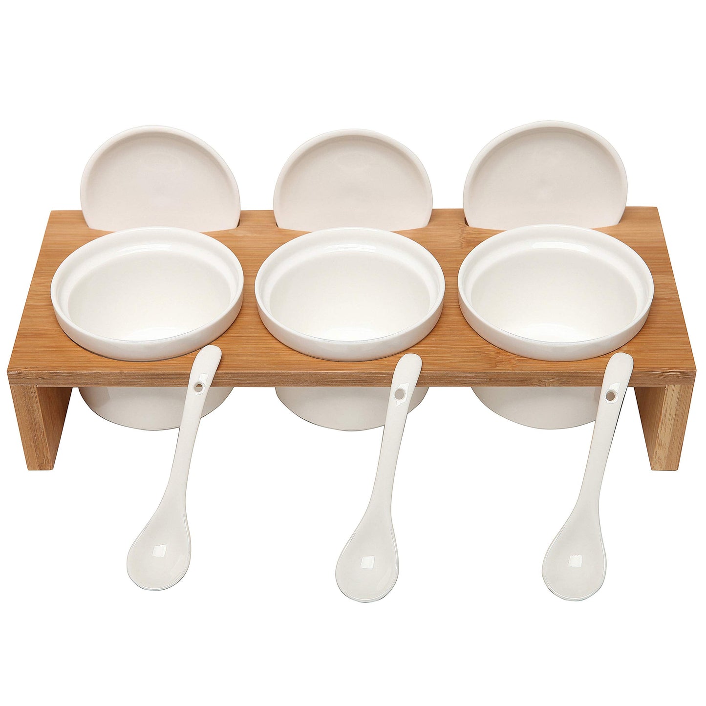 MyGift 10 Pcs Sauce Serving Dish, Hosting Party Essentials Host Gift, 3 Ceramic Ramekin Chip Dip Bowls with Lids & Spoons, Premium Bamboo Server Tray, Condiment Pot Entertaining