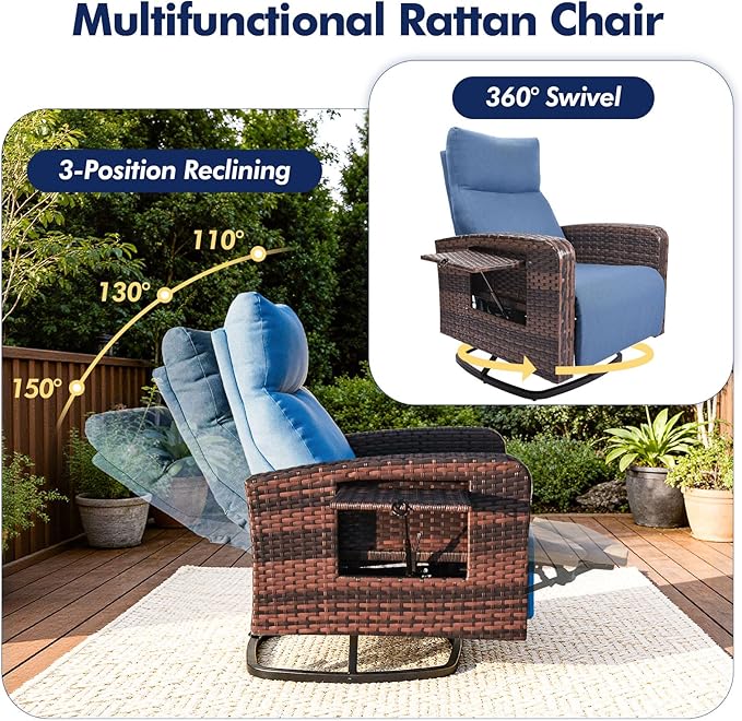 Outdoor Recliner Chair, Wicker Patio Recliners with Adjustable Backrest and Extended Foot Rest, Reclining Patio Chairs with Flip Table & Removable Cushion Cover for Porch