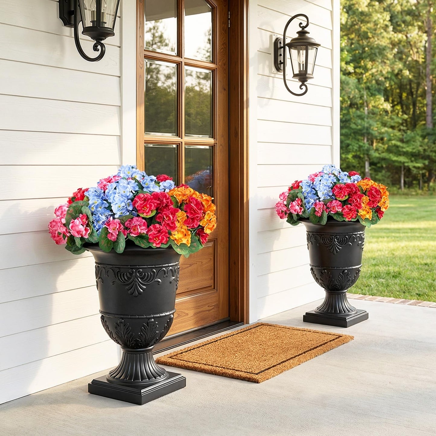 VeriNatural Classic Traditional Plastic Urn Planter, 15"x13" Flower Pots for Indoor Outdoor,Plant Pots for Porch Decor,Set of 2
