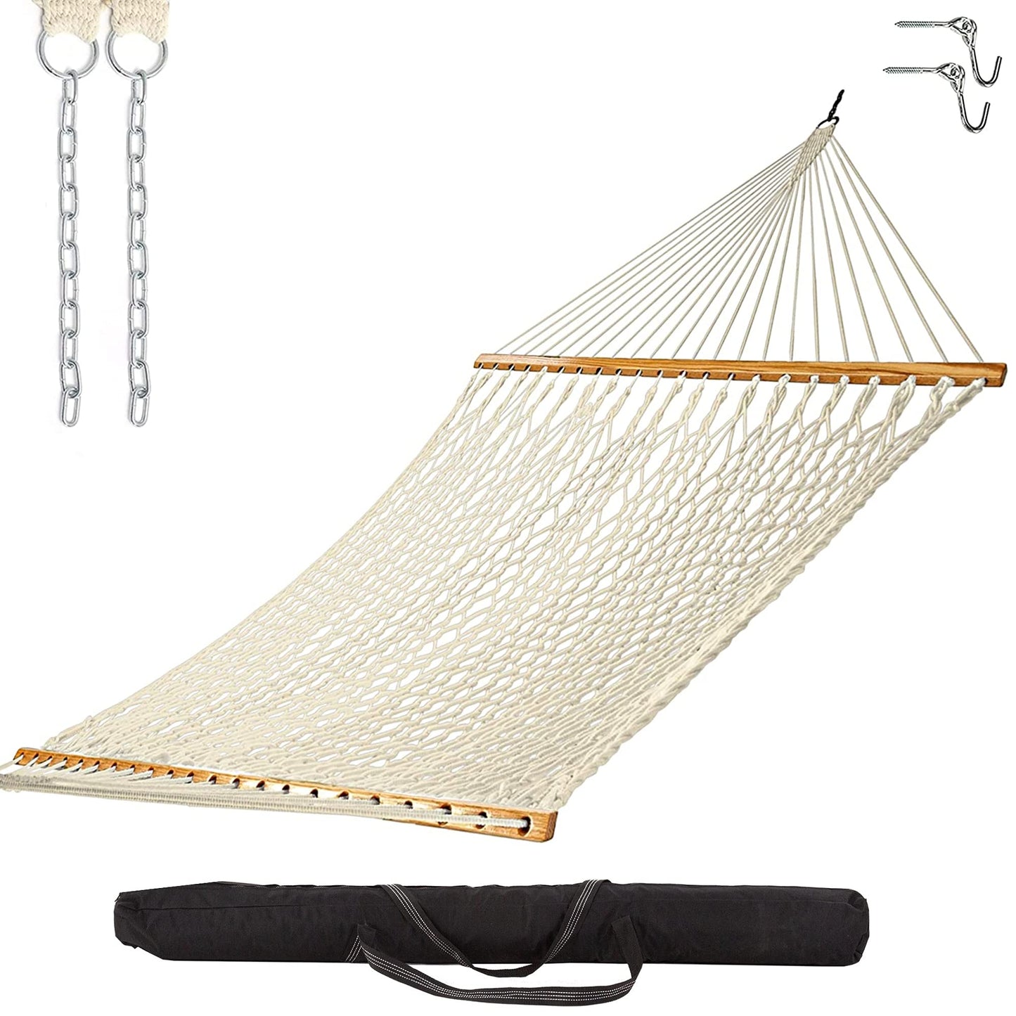 Castaway Living 13 ft. Double Traditional Hand Woven Oatmeal Cotton Rope Hammock – 2-Person, 450 lb Capacity, Free Extension Chains & Tree Hooks, Designed in The USA