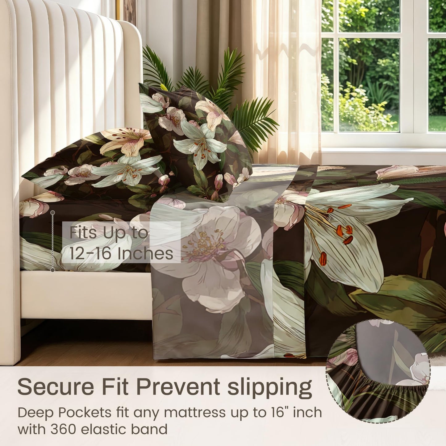 Lily Floral Sheet Set, 4 Pcs King Size Botanical Bed Sheets