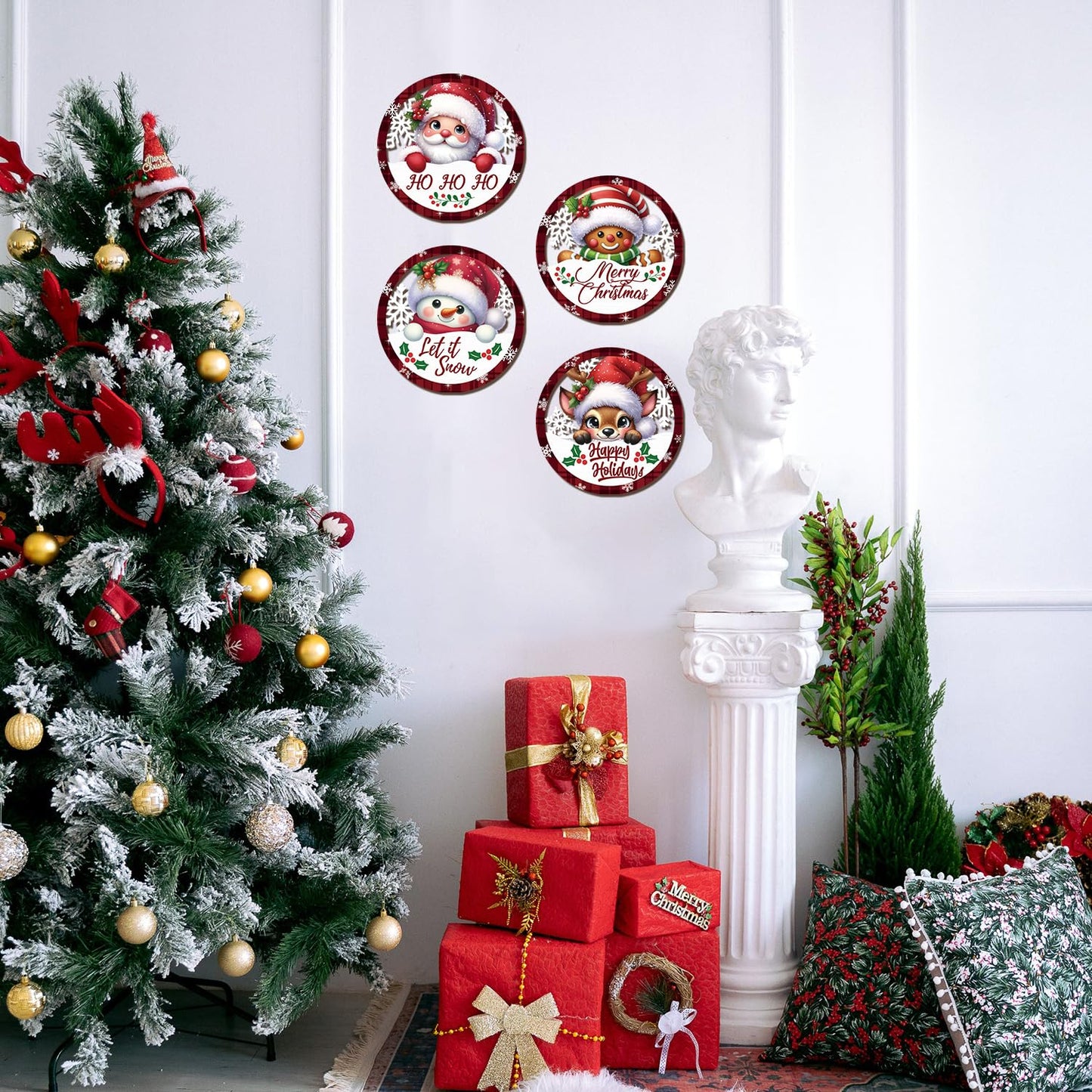HOURIA 4PCS Christmas Wall Decorations Indoor, Merry Christmas Buffalo Plaid Wooden Hanging Wall Decor,10" Reindeer Gingerbread Man Snowman Sign,Xmas Holidays Wreath Sign for Living Room Bedroom