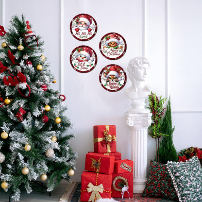 HOURIA 4PCS Christmas Wall Decorations Indoor, Merry Christmas Buffalo Plaid Wooden Hanging Wall Decor,10" Reindeer Gingerbread Man Snowman Sign,Xmas Holidays Wreath Sign for Living Room Bedroom