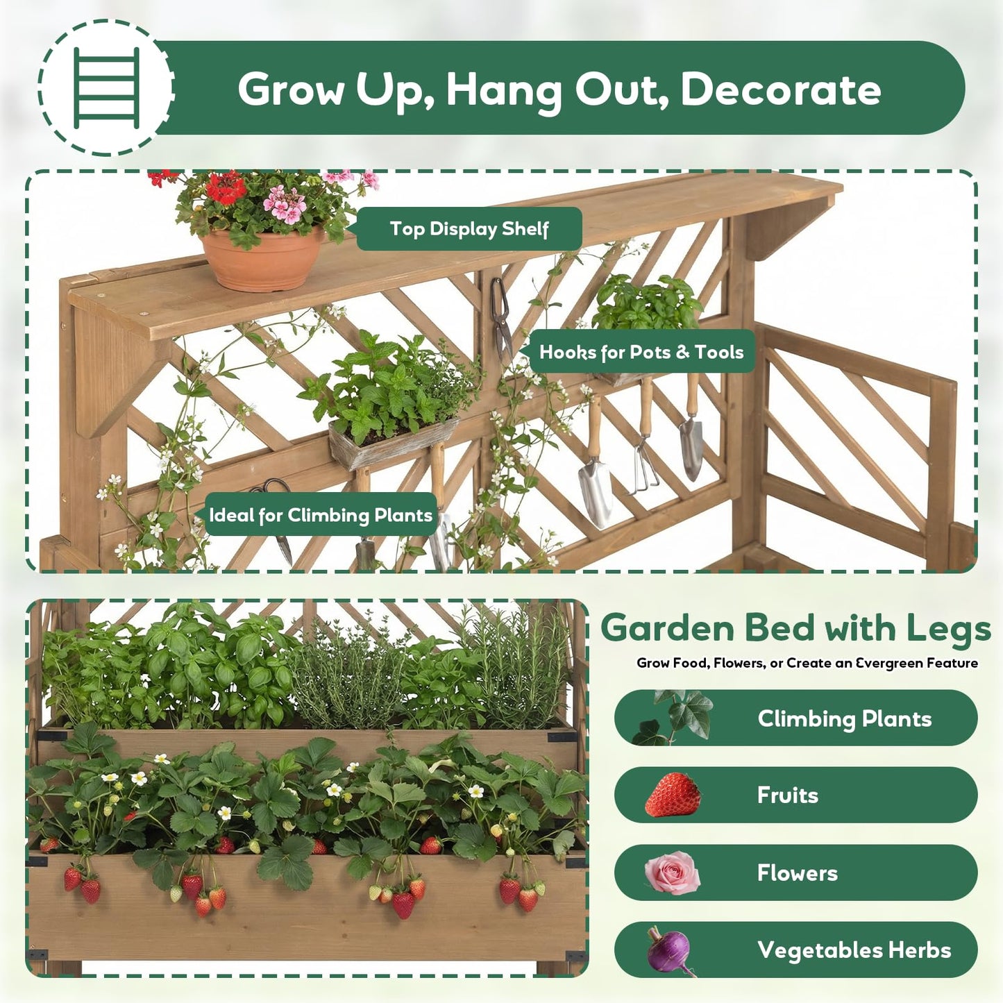 PetsCosset Raised Garden Bed with Trellis, 2-Tier Elevated Planter Box with Legs & Top Shelf, Liner, Metal Corners, Wooden Garden Beds for for Climbing Plants, Flower, Vegetables, Herbs