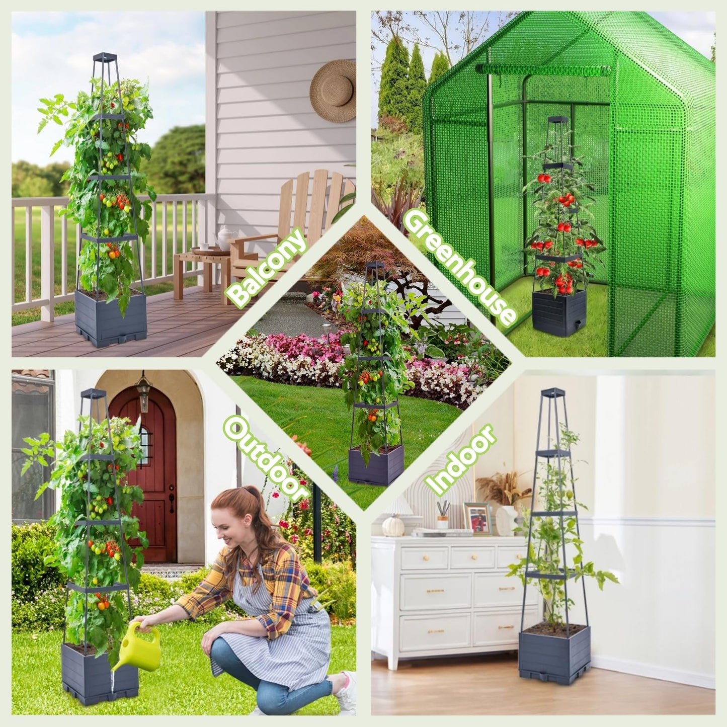 2 Pack Tomato Planter Box with Trellis for Climbing Plants Outdoor - Self Watering Raised Garden Bed Tomato Pot - 55" Tomato Cage Garden Trellis Plant Support for Vine Vegetables Herbs Flowers Indoor