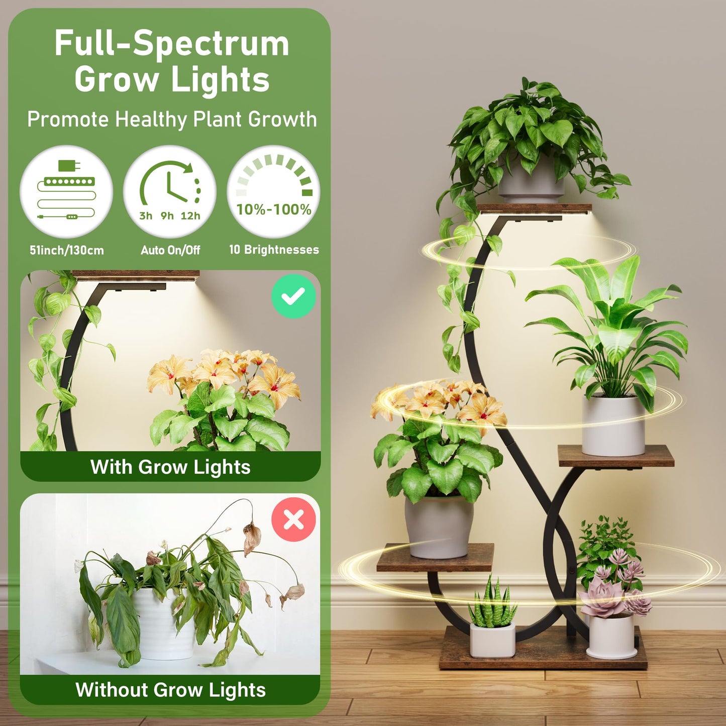 BACEKOLL Plant Stand Indoor with Grow Lights - S-Shaped Plant Shelf, Lighted Corner Plant Stands for Indoor Growing, 32" Metal Flower Holder, 4 Tiered Decorative Shelves for Home, Hallway, Black