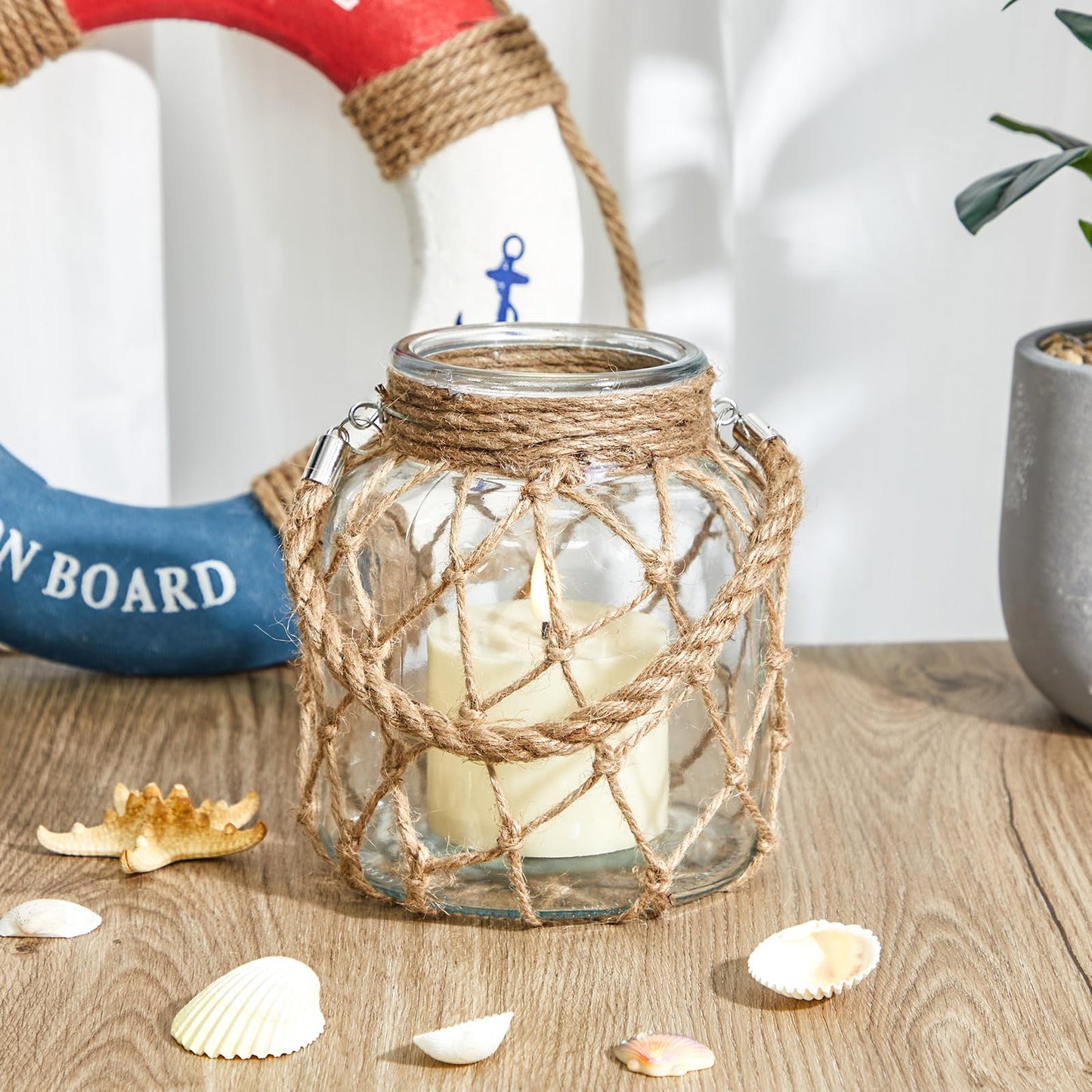 Blushtier 2 Set Nautical Candle Lantern with Rope Handle Coastal Glass Jar Battery Operated LED Flameless Lantern for Room Party Sea Beach House Table Centerpieces Decoration 5.5" x 5.5" x 6.3"