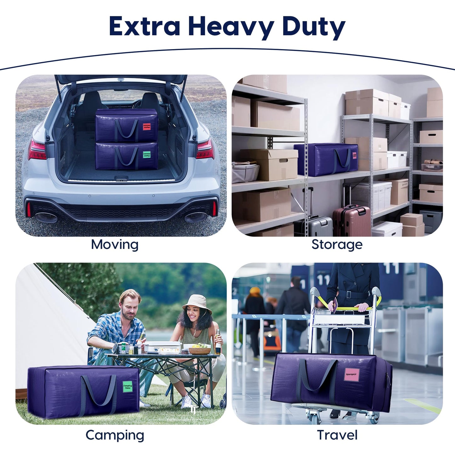 RMOHRO 6 Pack Moving Bags Heavy Duty 210GSM with Full-Open Side Zipper, 93L 220lbs Waterproof Foldable Storage Totes for College Dorm Move-In, Lidded Storage Bins., Blue