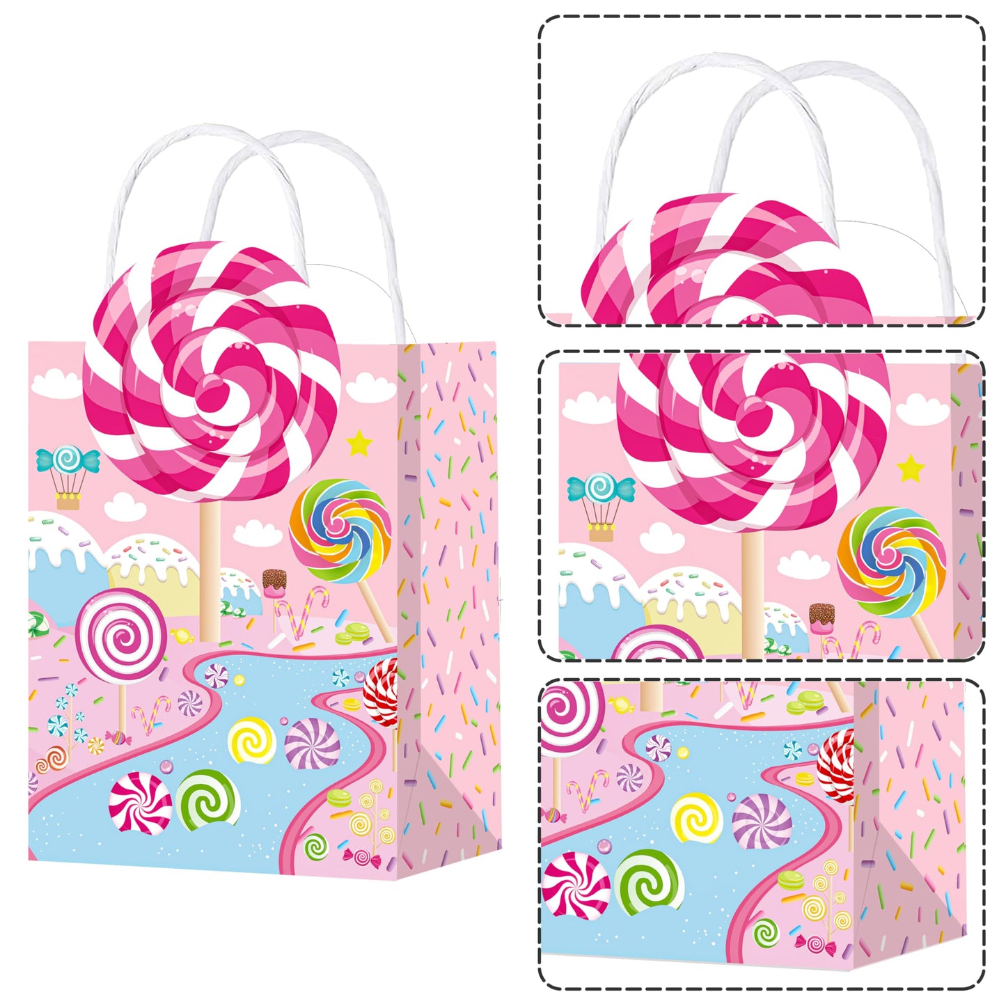 C L cooper life 12pcs Candyland Party Gift Treat Bags with Handles - Lollipop Themed Party Goodie Bags - Candyland Birthday Party Supplies