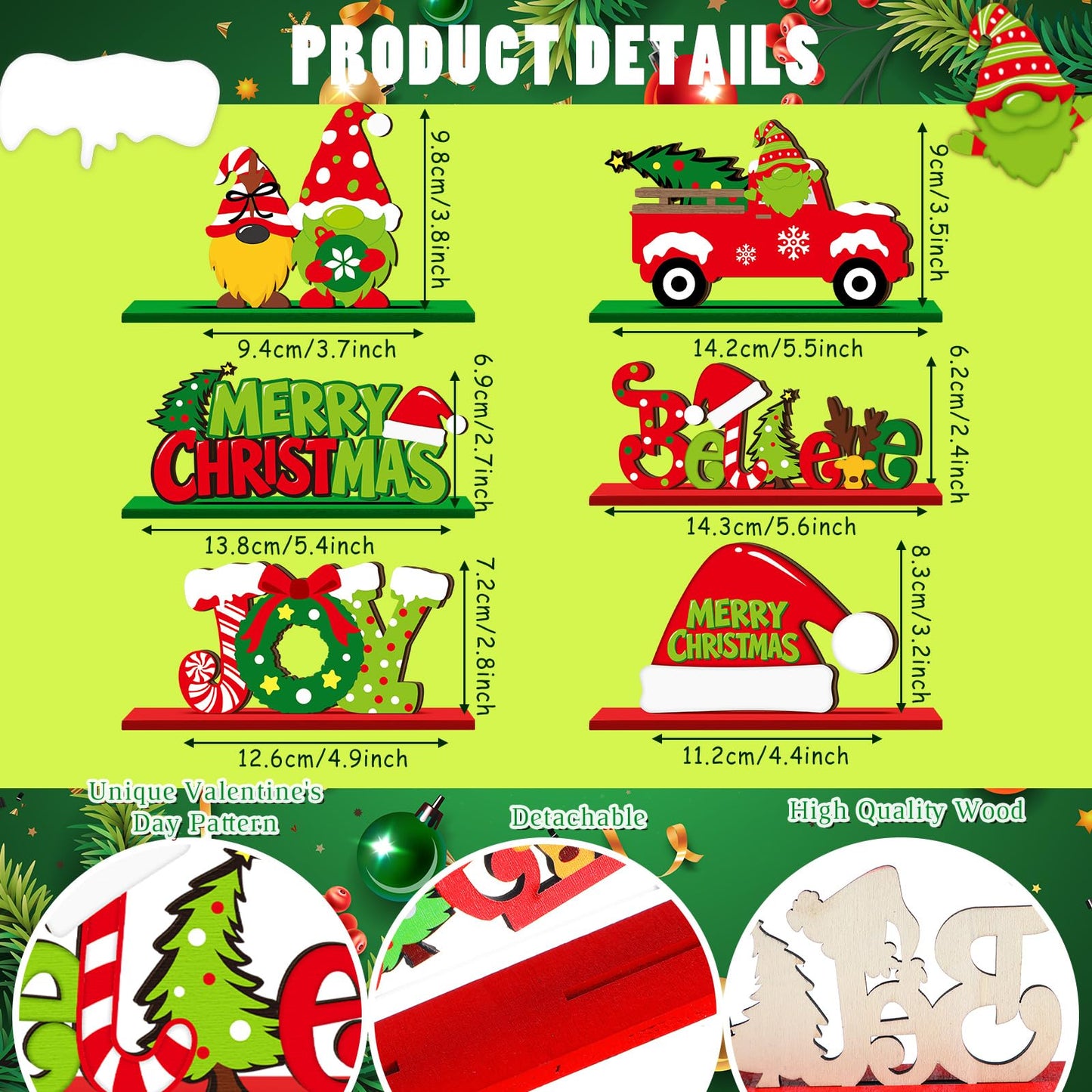 Realspring 6 Pcs Christmas Table Decorations Merry Christmas Wooden Centerpieces Table Decor Joy Wood Gingerbread Gnome Tabletop Xmas Tree Standing Signs for Home Winter Xmas Theme Party Supplies