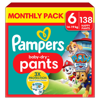 Pampers Baby-Dry Nappy Pants Paw Patrol Edition Size 6, 138 Nappies, 14kg-19kg, with Our 360° Pants Fit to Help Prevent Leaks