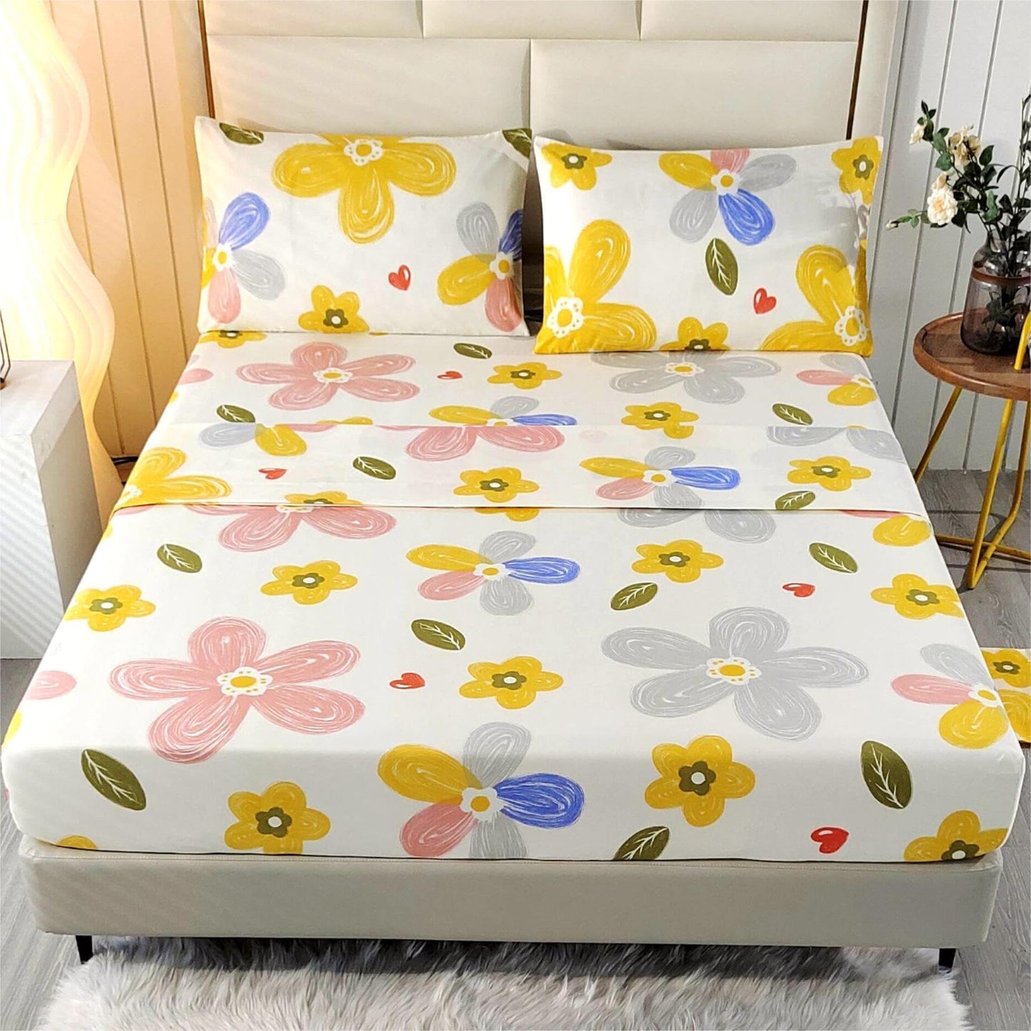 SDIII 4 Pieces Yellow Floral Twin Bed Sheet Set, Soft Microfiber Twin Sheets Flower Printed Deep Pocket, Floral Cozy Bedroom Decor All Season