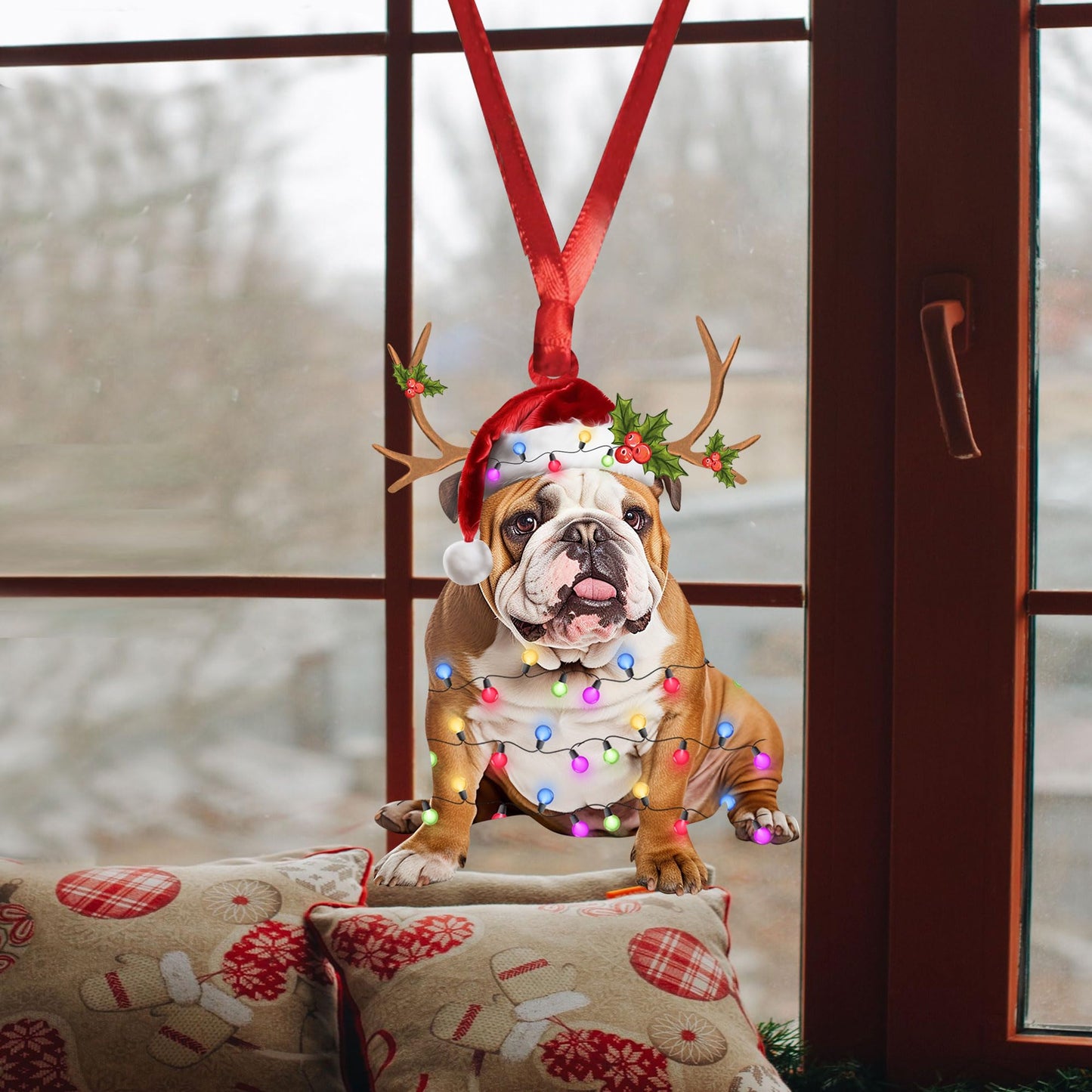 Talataca English Bulldog 2D Flat Christmas Ornament, Bulldog Inglés Christmas Hat Reindeer String Light Pine Tree Decor, Hanging House Charm Eve Keepsake, Car Rear View Mirror Accessories, Xmas Gift
