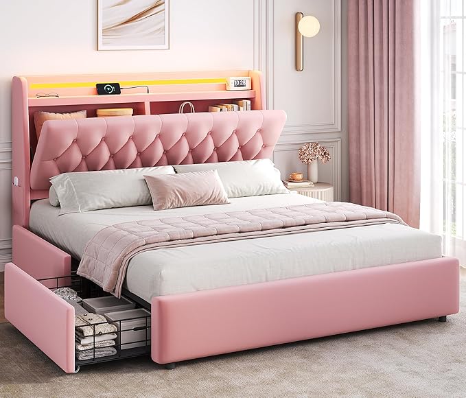 Full LED Velvet Bed Frame with 2 Storage Drawers&Hidden Headboard, Upholstered