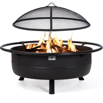 SUNCREAT 42" Outdoor Portable Fire Pit with Spark Screen, Fire Poker, Wood Burning Patio Fire Pits with Protective Ring, Black