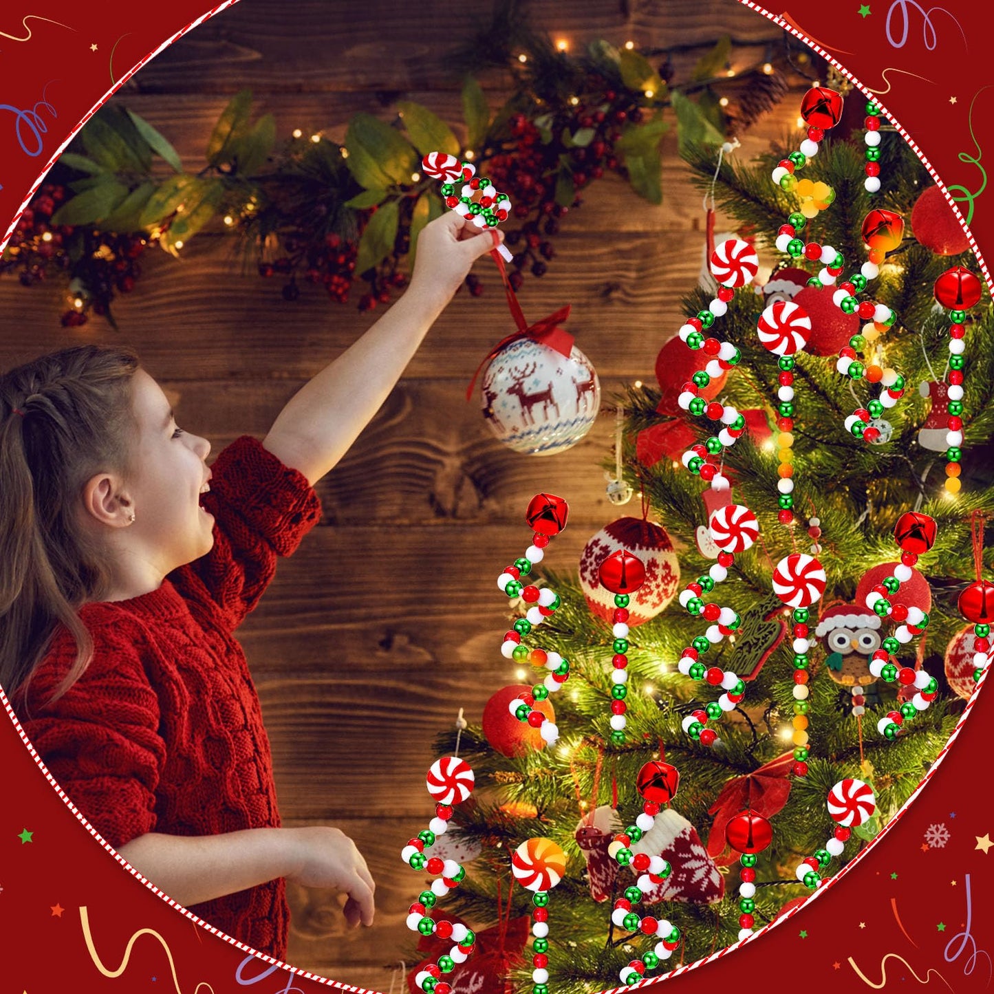 Liliful 40 Pcs Christmas Candy Cane Hanging Ornament Christmas Tree Curly Picks Twisted Lollipop Peppermint Strips and Bells Strips Candy Cane Decor for Xmas Tree Topper Party(Red, Green, White)